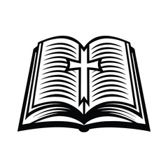 Open Book Silhouette with Cross in Pages, Black and White Illustration, Flat Design