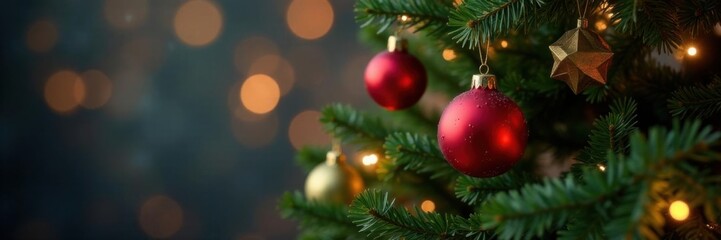 Fototapeta premium Decorated Christmas tree with hanging ball ornaments, holly greenery, ornaments