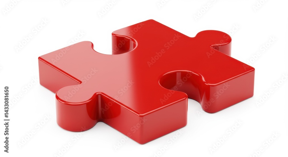 Poster a single red glossy puzzle piece on a white surface casting a subtle shadow in a studio setting
