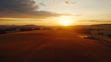Golden Hour Harvest: Aerial View of a Tractor Working in a Vast Field at Sunset