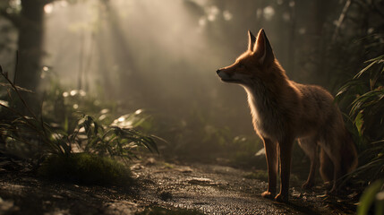 small fox in the misty forest