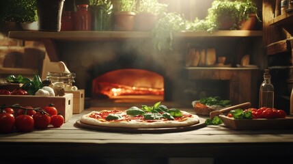 Artisan Pizza Preparation in Rustic Italian Kitchen: A Culinary Delight