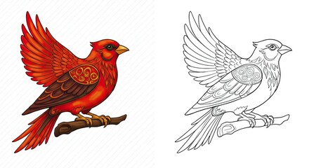 Fototapeta premium Vibrant Cardinal illustration: A captivating illustration of a red cardinal bird, perched gracefully on a branch. Featuring rich detail and intricate design. 