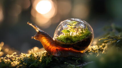 snail in the forest with a big round transparent glass shell filled with a terrarium
