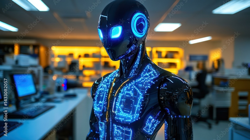 Poster artificial intelligence robot stands, displaying digital circuitry, embracing innovation in an offic