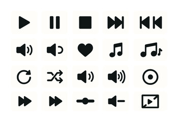 Music player interface icons - solid style audio and media control symbols: play, pause, stop, forward, rewind, volume, shuffle, loop, heart