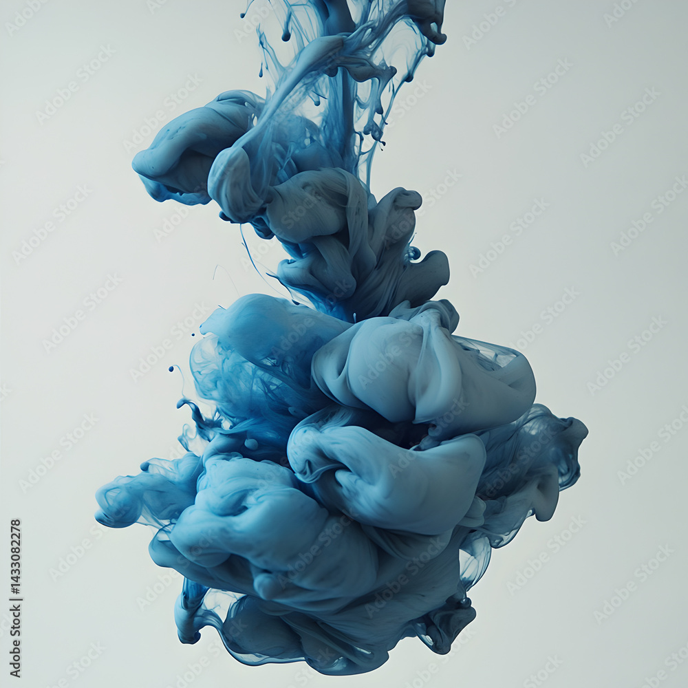 Poster abstract fluidity: captivating swirling blue ink gracefully dances in water, creating a mesmerizing 