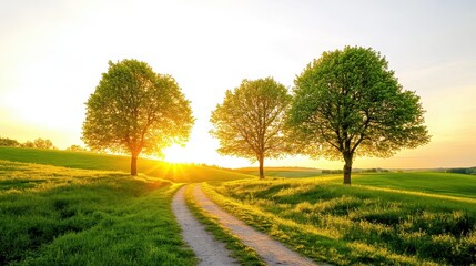 Golden hour sunlight illuminates a country road.