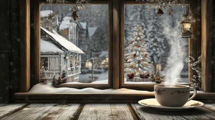 Coffee cup warms winter scene, Christmas tree brightens snowy landscape, rustic holiday mood abounds.