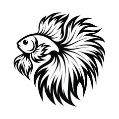 Black and White Betta Fish Illustration, Ornamental Fish with Flowing Fins Design