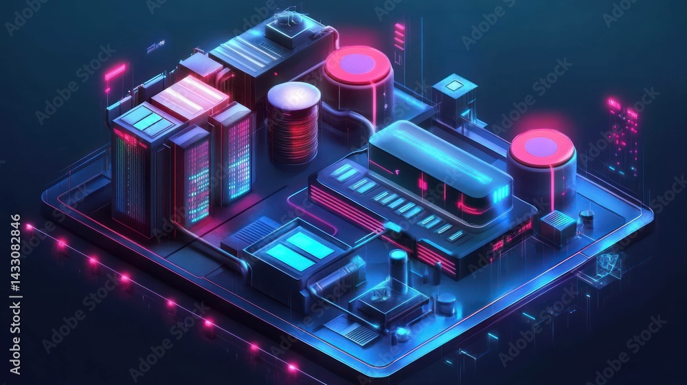 Aufkleber cybernetic system with servers, storage, artificial intelligence displayed with futuristic cyberpunk