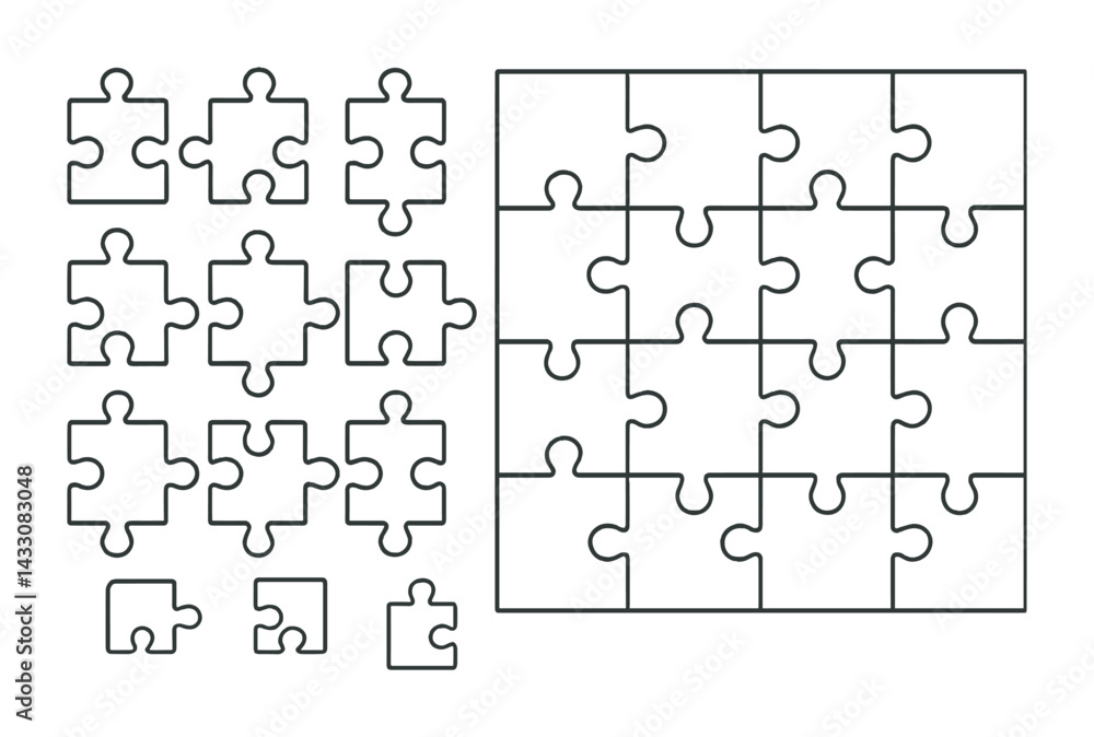 Poster puzzle pieces and complete jigsaw layout for problem solving and creativity concepts