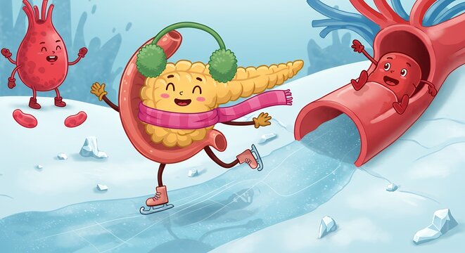 Cartoon pancreas illustration for educational purposes
