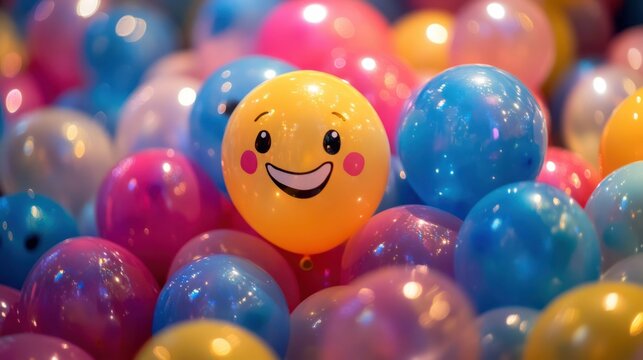 Smiley face balloon floats amidst balloons, radiating happiness, positivity perfect for events birthdays celebrations.