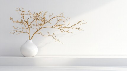 Minimalist white room with golden branches in white vase.