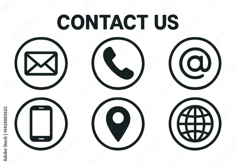 Poster contact and communication outline icons set – linear style messaging, support, and connection symbol