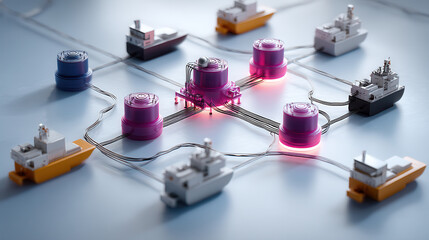 conceptual image of interconnected logistics with ships and glowing nodes representing coal power supply chain