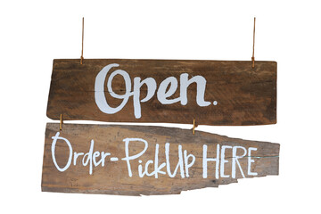 Wooden sign with ropes isolated over white background