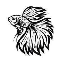 Betta Fish Silhouette, Elegant Flowing Fins, Aquatic Animal, Black and White Design