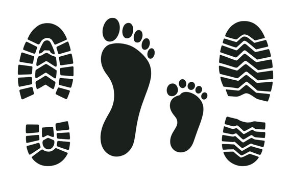 Footprint measuring icons set - solid style tracks, human footprint, and shoeprint symbols for environmental impact: walking, running, hiking, exploration, nature