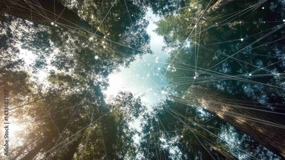 Poster tree canopy integrates digital network showing interconnectivity within ecosystem, technology mergin