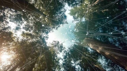 Tree canopy integrates digital network showing interconnectivity within ecosystem, technology merging nature's growth.