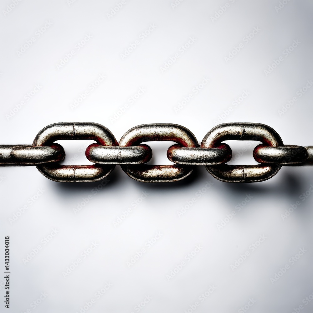 Poster interlocking strength: a close-up of a metal chain on a white surface, symbolizing connection and en