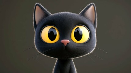Fototapeta premium Cartoonish black cat stares intensely, big yellow eyes wide, exuding cuteness, playfulness, innocence.