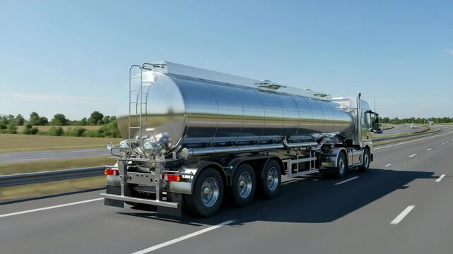 Stainless steel tanker truck transports liquid cargo on highway, showcasing industrial logistics and freight transportation