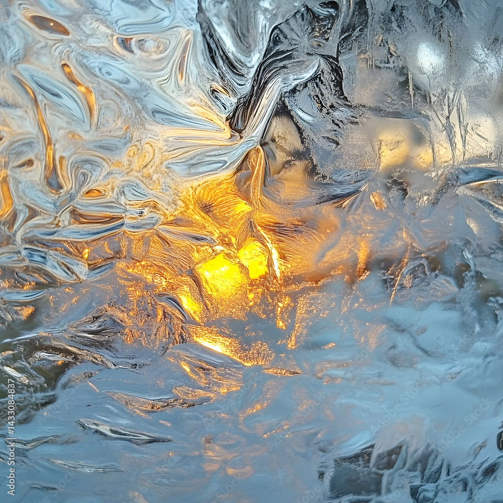 Poster crystal reflections: a close-up shot of ice, capturing intricate textures and patterns that shimmer 
