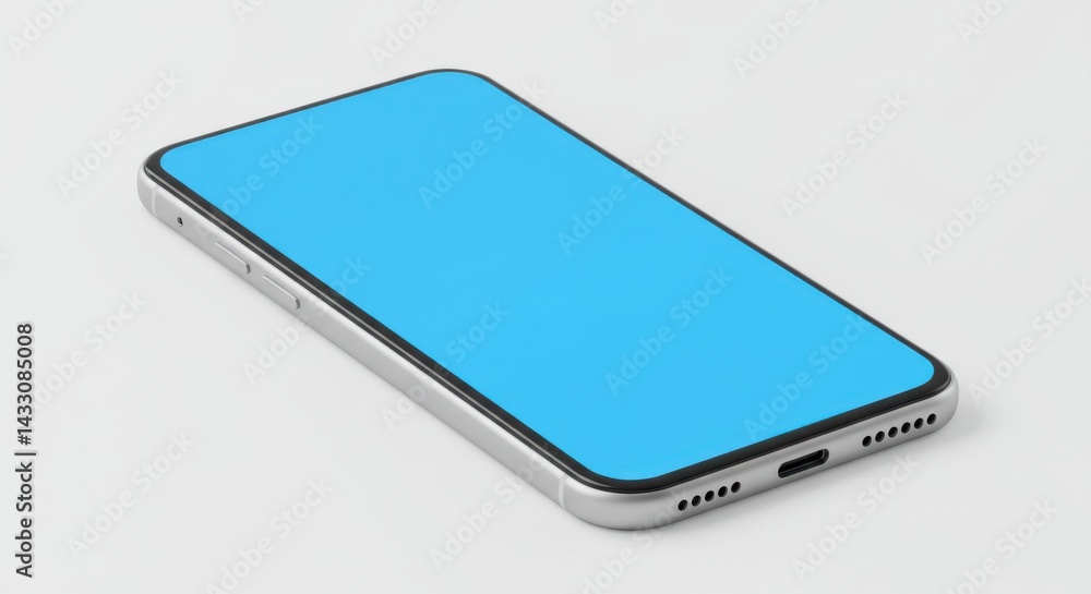 Poster close up of a smartphone with a blue screen lying on a white surface in a studio setting view