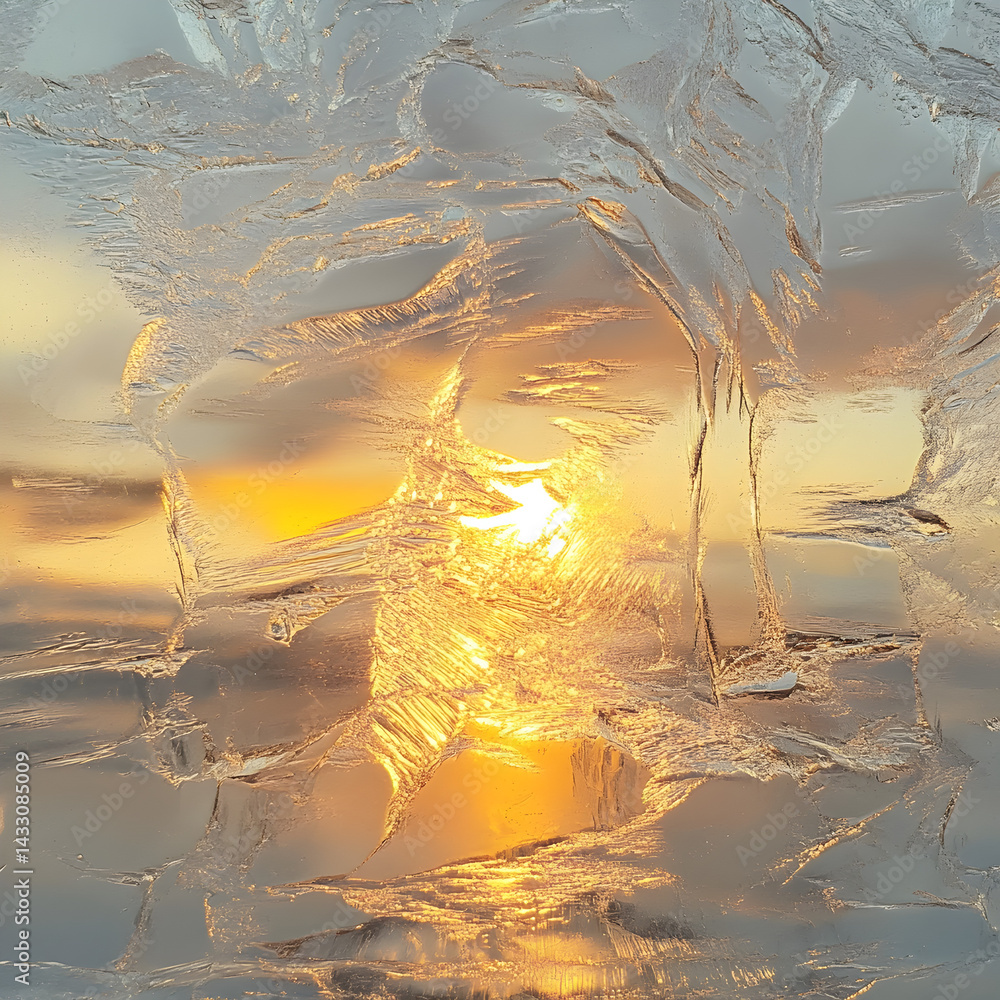 Poster sunlit ice: a close-up showcases intricate patterns and textures within a block of ice, capturing th
