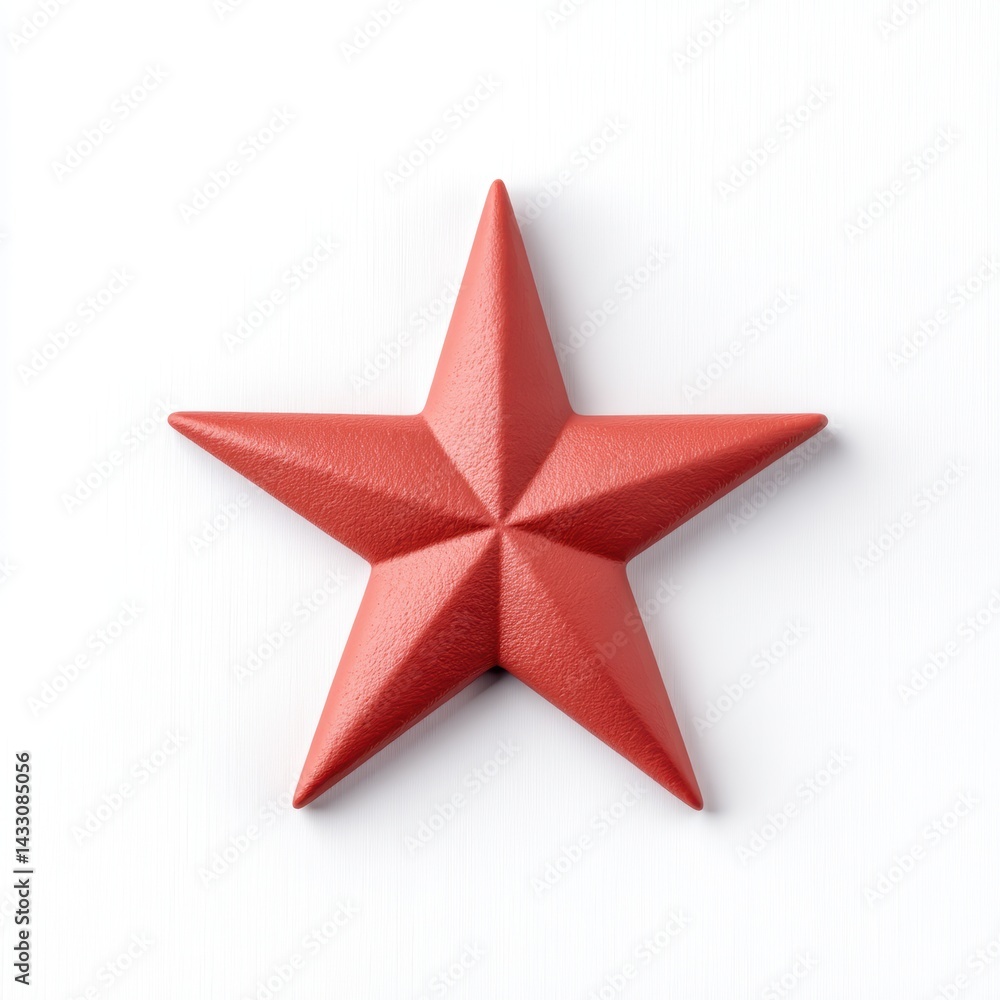 Poster a red, five-pointed star with a textured surface, set against a plain background, showcasing its thr