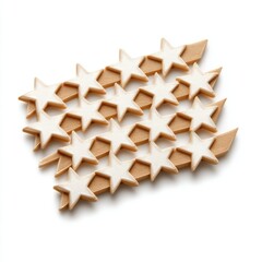 A collection of decorative stars arranged in a geometric pattern, featuring a blend of white and gold colors, ideal for crafts or embellishments.