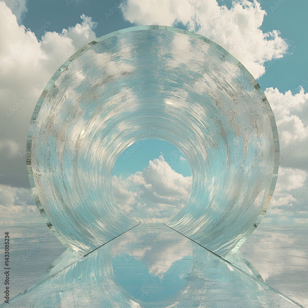 Poster sky tunnel: a surreal pathway of glass reflects the sky, creating an ethereal tunnel that invites th