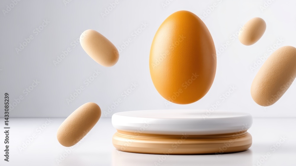 Poster a visually striking arrangement of floating eggs in a minimalist setting, showcasing a blend of shap