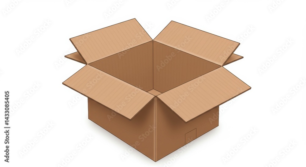 Poster a simple cardboard box with open flaps sitting on a white surface in a studio setting view