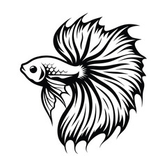 Elegant Betta Fish Silhouette, Flowing Fins, Aquatic Pet, Decorative Black and White Art