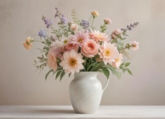 Pastel flower bouquet in a simple vase, watercolor wash technique, soft color palette ,  palette,  still life