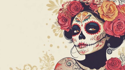 La Catrina showcases elaborate face paint, flowers, festive attire, celebrating Day of the Dead tradition.