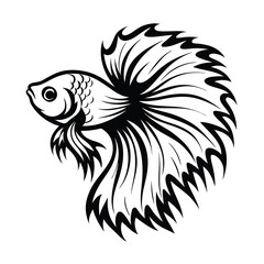 Elegant Black and White Betta Fish Silhouette, Flowing Fins, Aquatic Animal Design