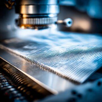 Precision Grinding: Close-up of Metal Surface Machined with Parallel Grooves in Advanced Industrial Process.