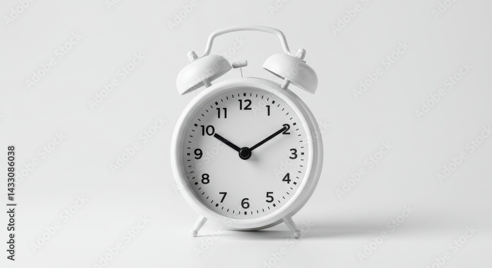 Poster a monochrome image of a white alarm clock showing the time on a white background in studio light