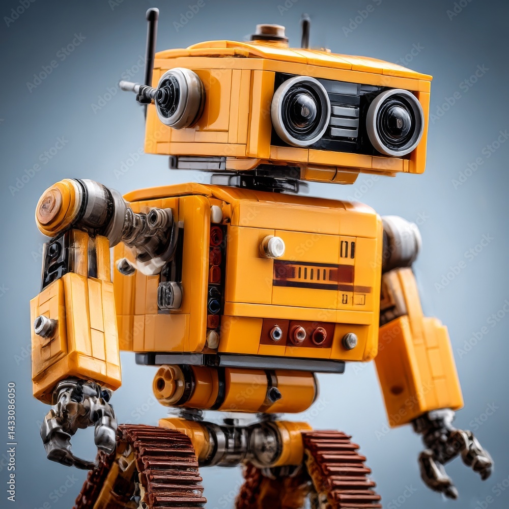 Poster retro future: a detailed look at a charming yellow brick-built robot with tracks and big eyes on a s