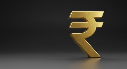 A close up of a golden indian rupee symbol on a dark gray gradient background studio shot