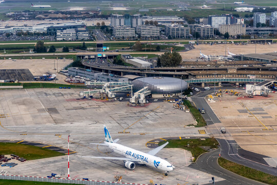 Aerial view of Charles de Gaulle Airport Terminal 2 in Paris, France