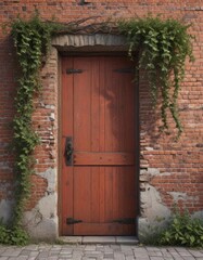 Fototapeta premium Red brick wall, weathered wood door, climbing vines , countryside, material