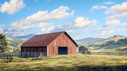 Obraz premium Rustic Red Barn in a Serene Rolling Hills Landscape