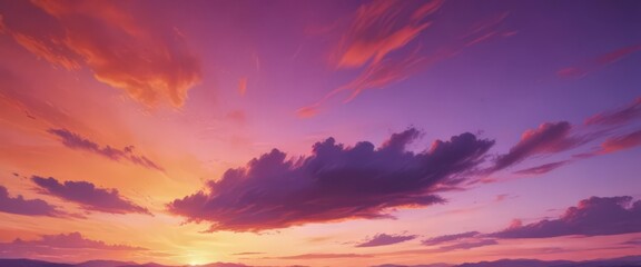 Abstract watercolor sky, rich purple merging into blazing orange sunset ,  brushstroke,  color,  serenity