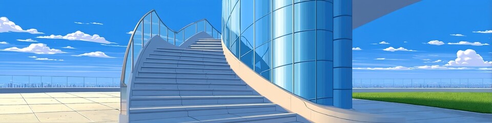 Fototapeta premium Urban Architectural Silhouette with Backlit Staircase Against Blue Sky: Abstract Commercial Background for Creative Designs. Minimalist City Corner with Open Space, Perfect for Posters, Banners, and W